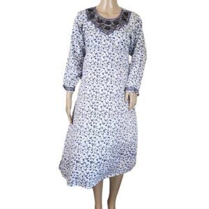 Cobalt Blue White Floral Beaded Embellished Applique Neckline Dress